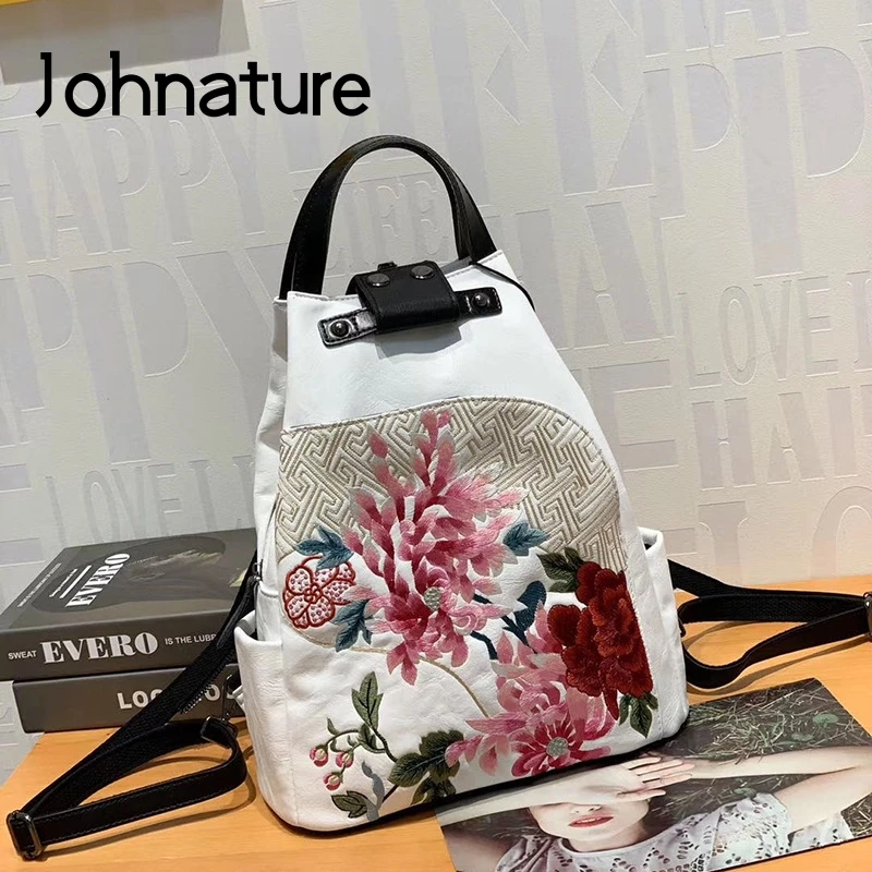 Johnature Vintage Bagpack 2024 New Chinese Style Handmade Embroidery Women Leather Bag Large Capacity Female Travel Backpack