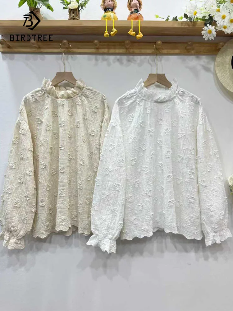 

New 2026 Spring Cotton Long Sleeve Shirt, Women Ruffled Floral Embroidery, Mori Girl Preppy Style Chic Loose Blouse T5D648CC