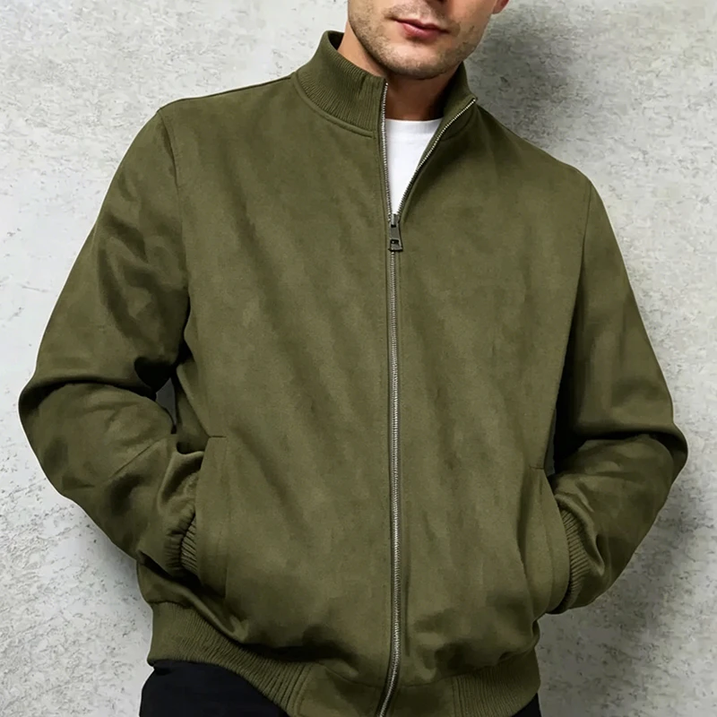 Fashionable Suede Jacket Mens Fall Winter Loose Solid Color Zipper Stand Collar Outwear Vintage Long Sleeve Men Coat