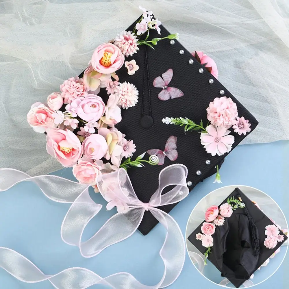 Headwear Doctor Flowers Graduation Cap Master Bachelor Trencher Cap Adjustable Charm Ornament Academic Hat with Tassels College