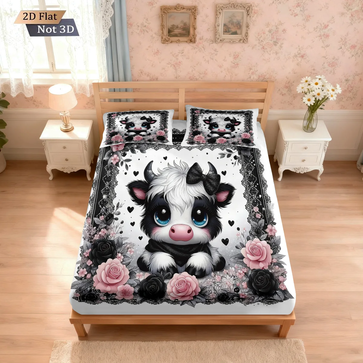 3 Valentine's Day Highland Cow Print Coreless Bed Sheet Set Multi Size Soft Bedcover Bedroom Bedding Decoration Machine Washable