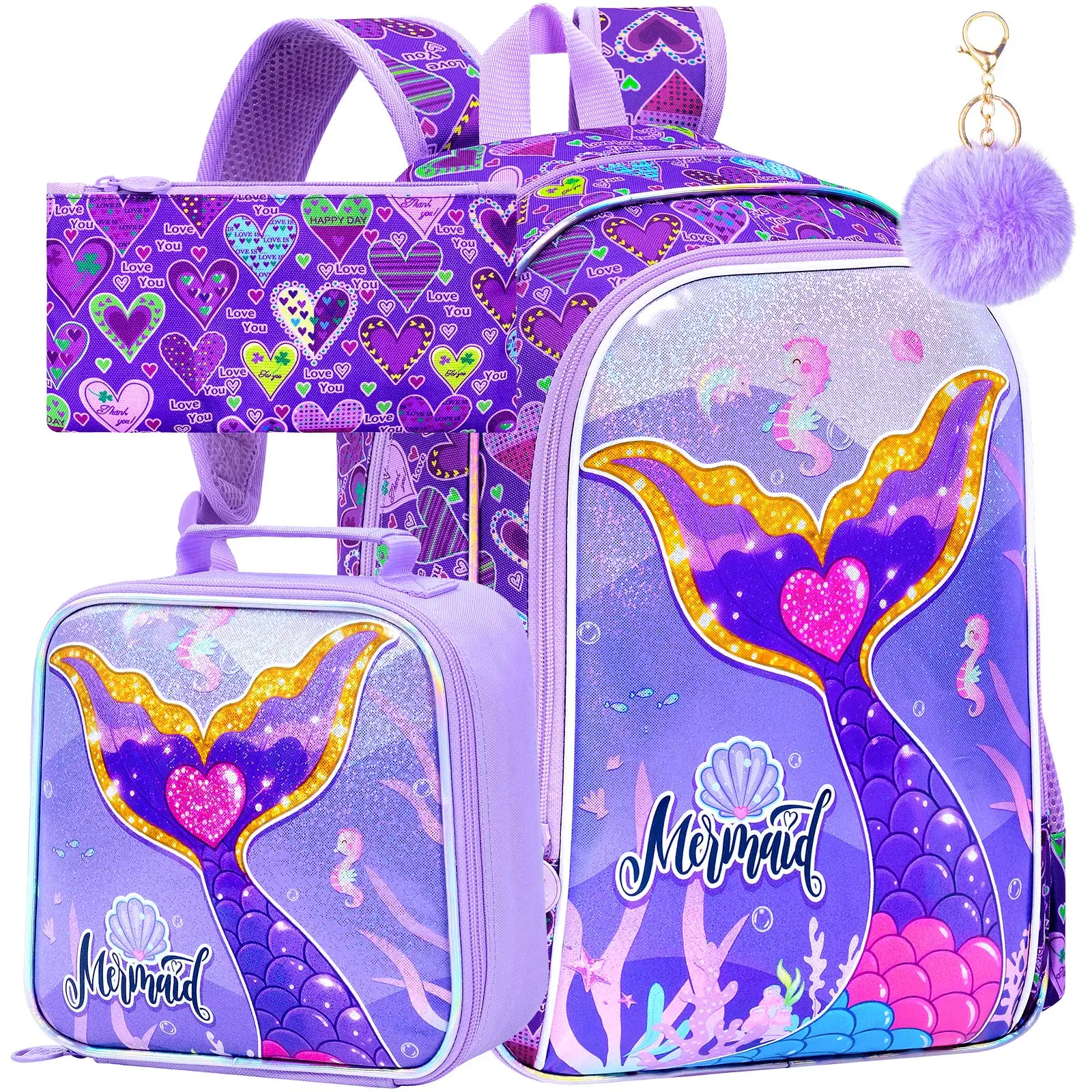 juego-de-4-piezas-de-mochila-de-sirena-para-ninas-bolsa-escolar-lonchera-estuche-para-lapices-llavero-con-pompones