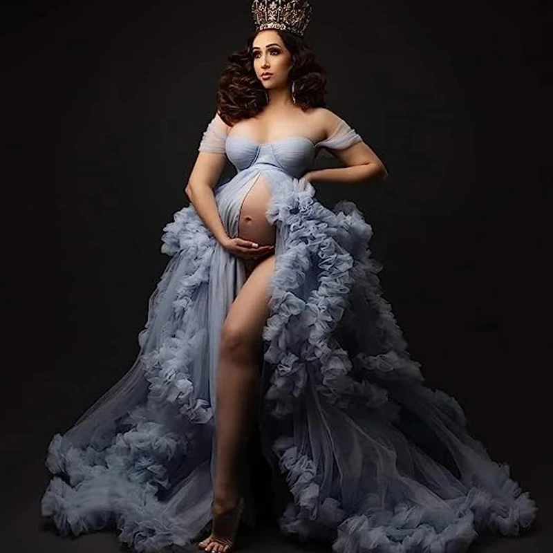 Ładne puszyste tiulowe sukienki ciążowe dla kobiet w ciąży Fotografie de vêtements de maternité baby shower