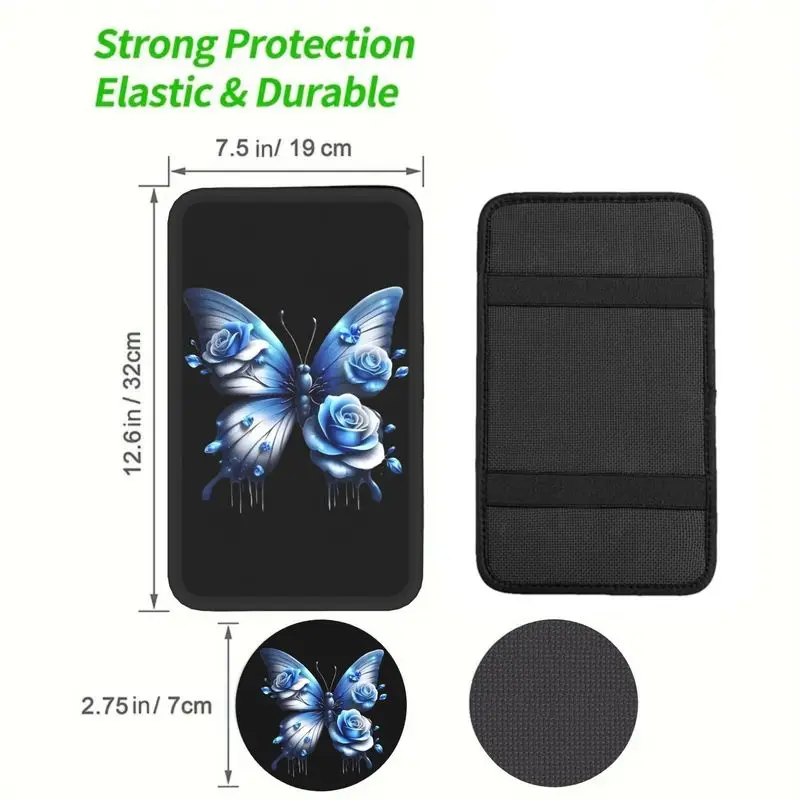 Car Interior Accessories, Blue Rose Butterfly Print, 1Pc Armrest Cover + 2Pcs Cup Coasters Set