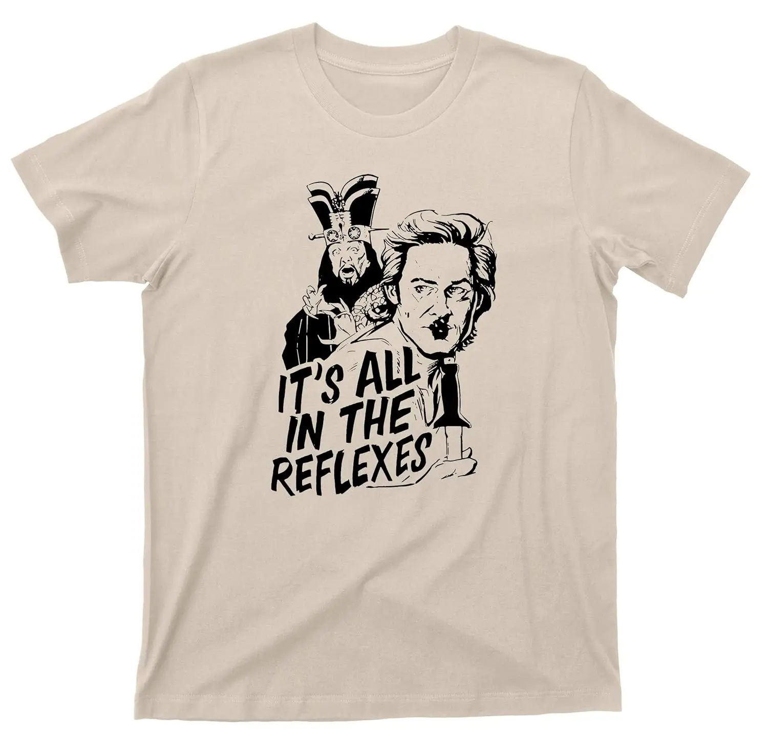 Jack Burton T Shirt It's All In The Reflexes Big Trouble In Little China 80s Action Comedy Movie Tee (L, Sand)