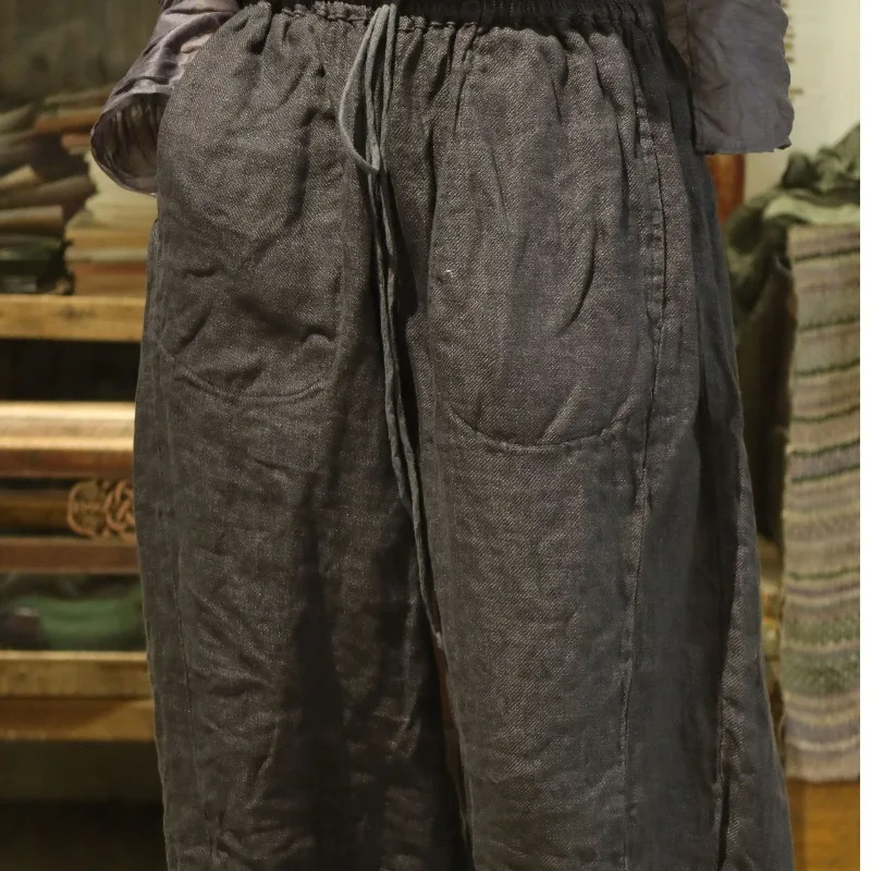 Women Vintage Boho Double-Layer Yarn-Dyed 100% Linen Casual Pants Femme Elastic Waist Loose Trousers Warm Breathable Long Pants