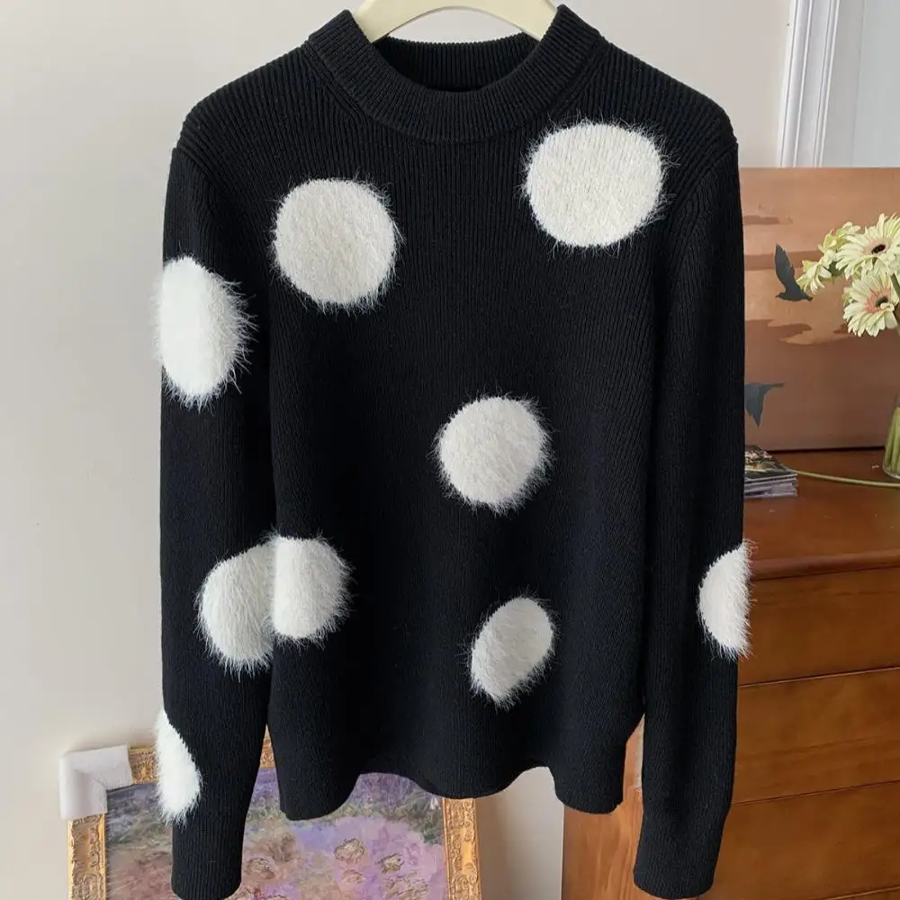 White Dot Wool Blend Polka Dot Knitted Black Sweater Pullovers Designer Brand Fashion Casual O-Neck Jumper 2024 Spring New