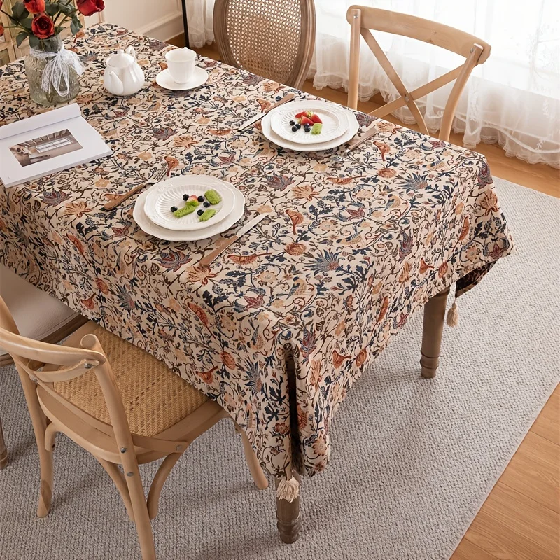 A retro thick-color woven jacquard magpie flower fringed tablecloth for rectangular coffee table, dining table clothzyc