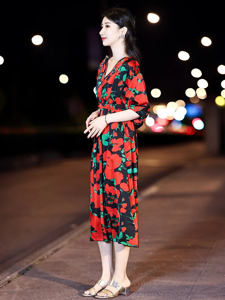 High Quality Real Silk Dress for Women Summer 2024 New Red Floral Age-Reducing plus Size