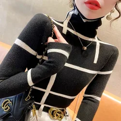 Spring Turtleneck Knitted Striped Sweaters Women's Fashion Commuting Slim Pullovers Female Simple Soft Top