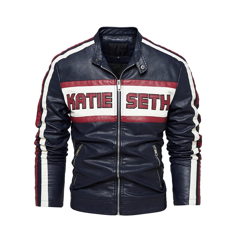 

JG-2282 Men's Leather Jacket Motorcycle Color-blocking Plus Velvet Thermal Clothing Stand-up Collar Slim Youth Style