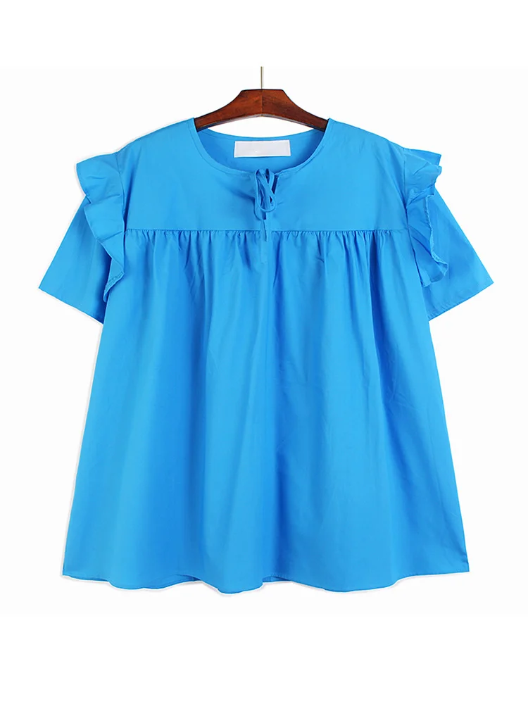 Women Green Blue Ruffles Big Size Elegant T-shirt New Round Neck Short Sleeve Fashion Tide Spring Summer 2022 M753