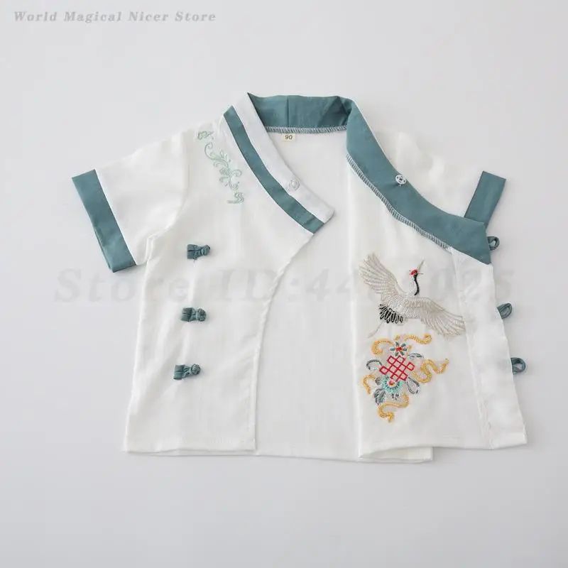 Chinese Crane Embroidery Short Sleeve Tang Suit Summer Kids Outfit Children's Hanfu Sets Baby Costume Traditional Retro Clothes