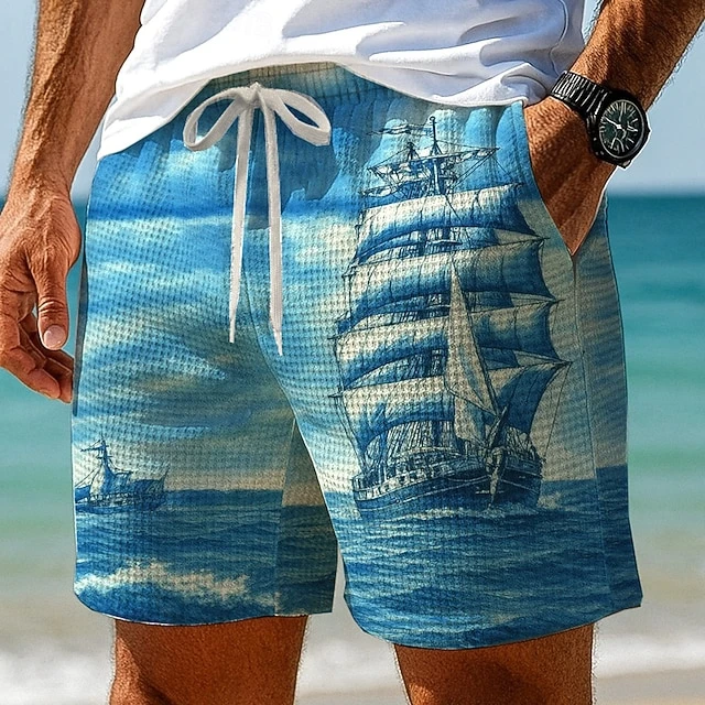 

Retro Sailing Ship All Over Print Mens Shorts Nautical Theme Drawstring Waist Quick Dry Beach Trunks For Summer Man Clothing