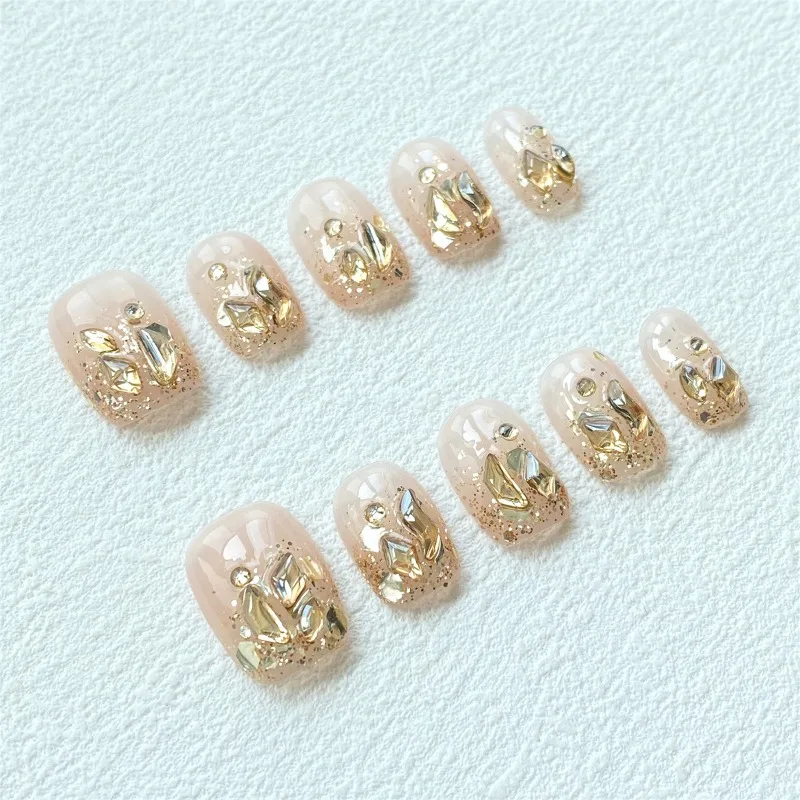 24 Pcs Short Square Gold Foil Sparkling Diamond Fake Nails Detachable Pink Butterfly Temperament Fake Nails for Women Girls