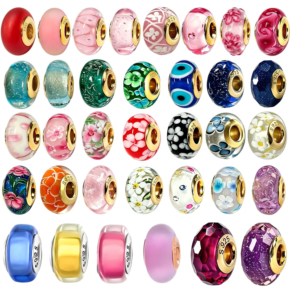 Original S925 Silber Vergoldete Facettierte Murano-Glas Charm-Perle Funkelnd Passend für Armband DIY Damenschmuck Geschenk