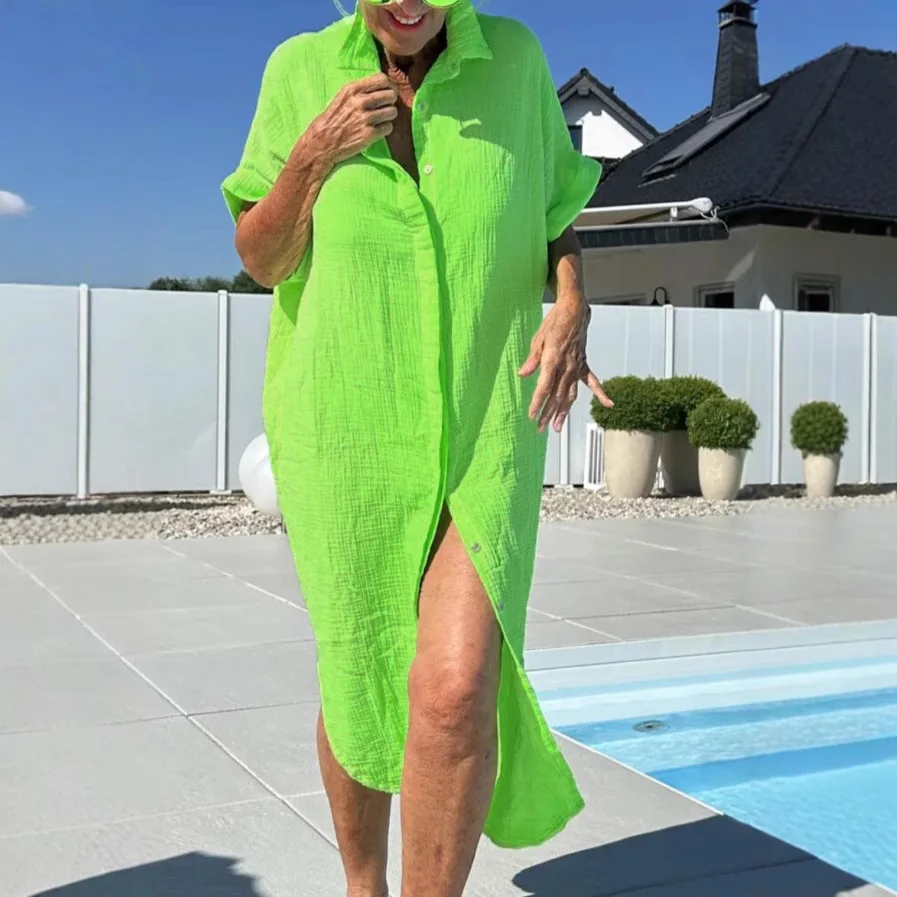 Robe imprimée pour femmes, simple boutonnage, manches courtes, plage, décontractée, col rabattu, chemise, ample, Y2k, Streetwear, été