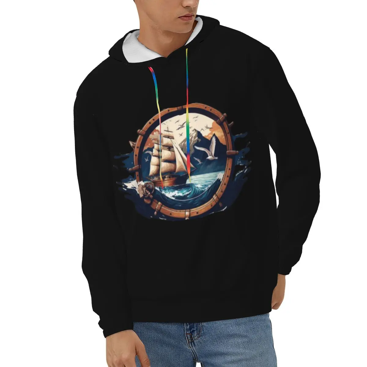 

Sailboat With Wooden Steering Wheel Mens Sweatshirt Long Sleeve Autumn Spring Casual Hoodies Top Boy Blouse