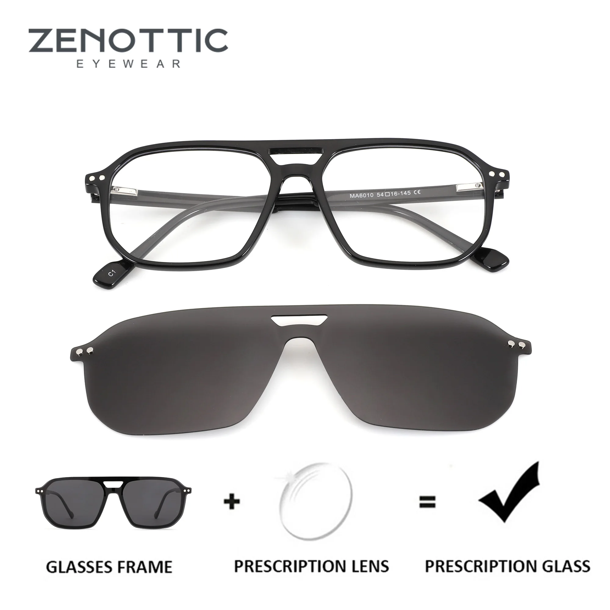 ZENOTTIC M Size Acetate Pilot Clip On Prescription Glasses Polarized Myopia UV400 Men's Custom Progressive Optical Eyeglasses