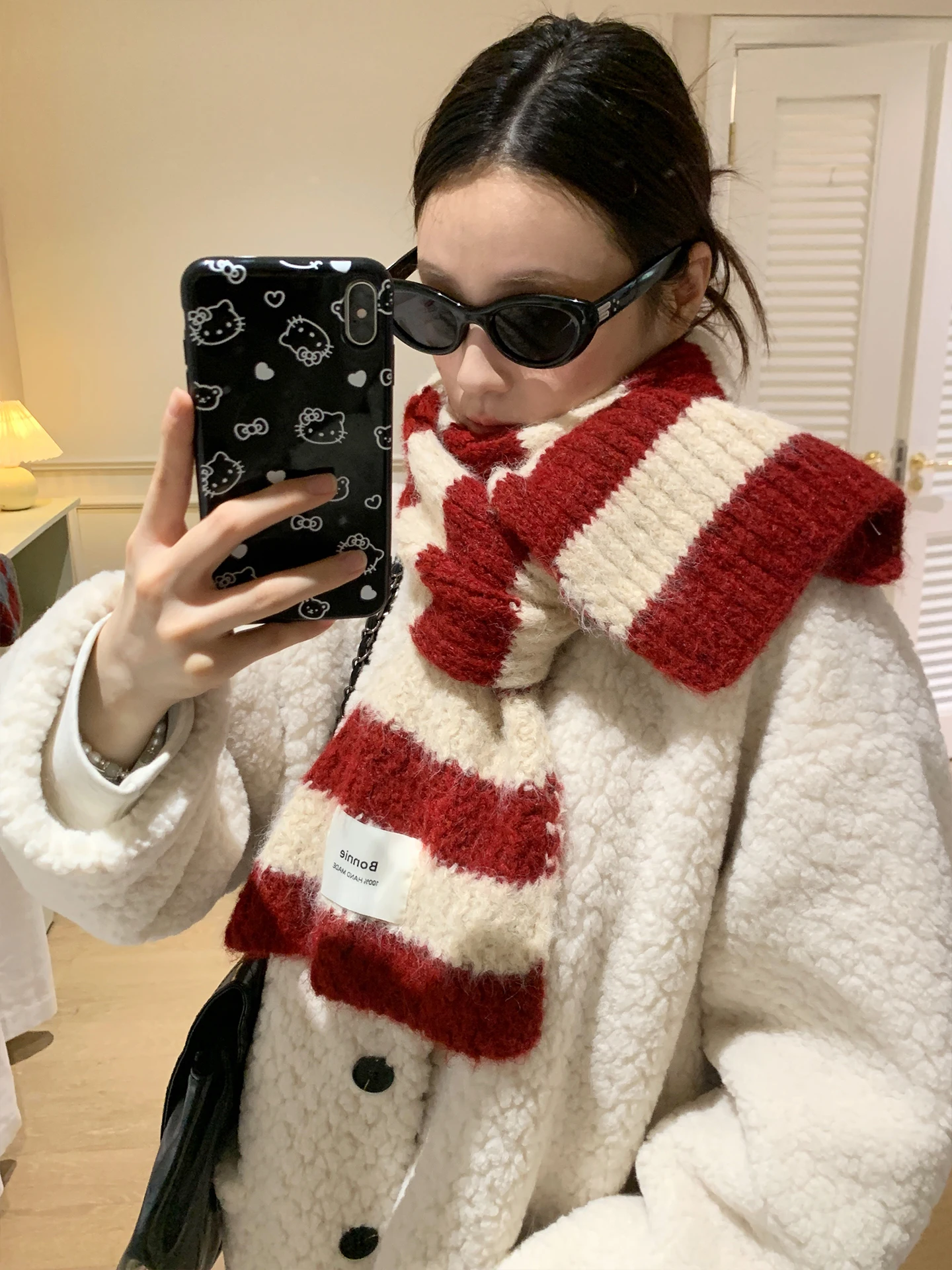 

Шерстяной вязаный шарф в красно-белую полоску с цветными блоками для женщин, осенне-зимний корейский винтажный утолщенный универсальный шарф на шею, война