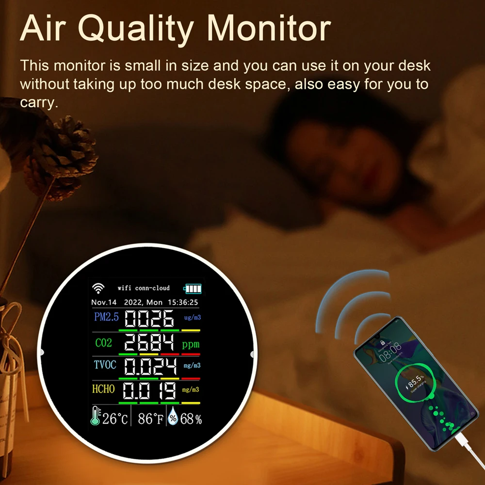 Imagem -02 - Tuya Wifi Medidor de Qualidade do ar 7in1 Pm2.5 Co2 Tvoc Hcho Aqi Temperatura Umidade Tester App Controle com Função Alarme Calendário