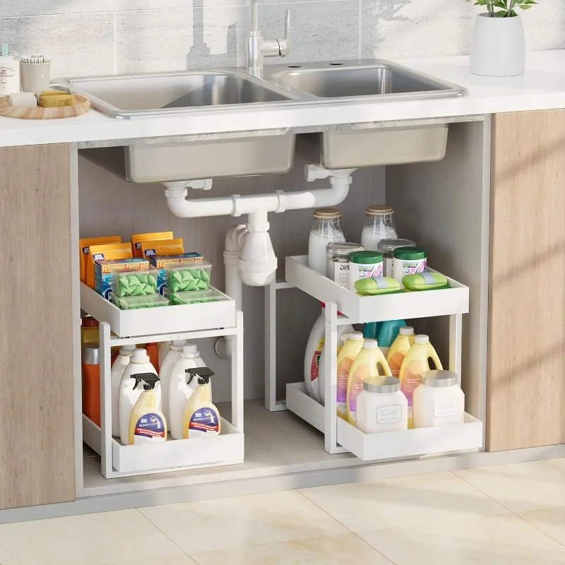 

2 Pack Under Sink Organizer, Bamboo Wooden 2-Tier Pull-Out Storage with Sliding Drawers for Kitchen and Bathroom Cabinets, Easy