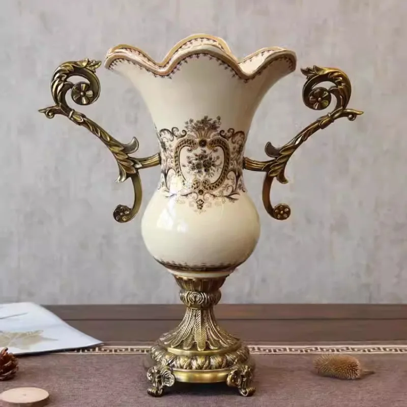 European retro high-footed binaural vase, American creative soft decoration process ornament, alloy ceramic large vase