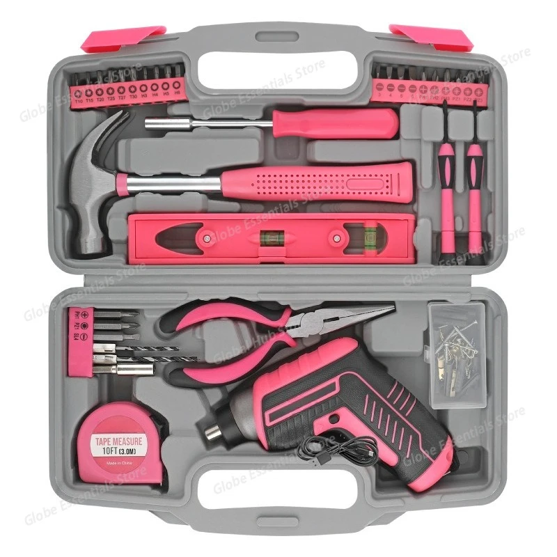 35PCS Pink Electric Screwdriver Drills Kit Home Tool Kits Set Repair Electric Cordless Drills Complete Tool Box Kit Hammer