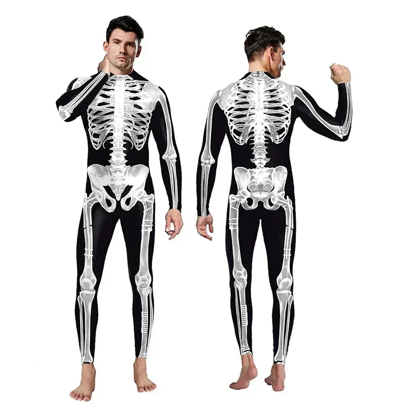 

Halloween Costume Men Cosplay Skeleton Jumpsuit Zentai Suit Scary 3D Skull Carnival Fancy Dress Up Party Disguise Punk Bodysuit