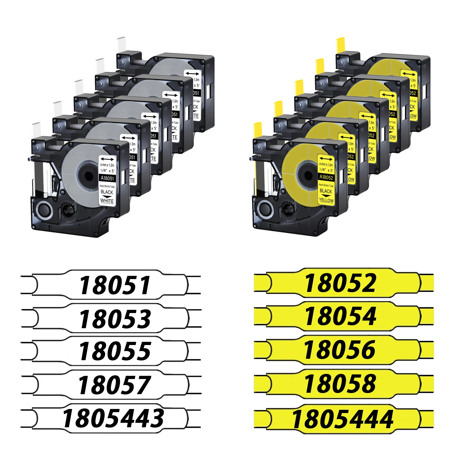 10Pcs 6/9/12/19/24mm Tapes for Dymo Industrial Heat Shrink Tube 18051 18052 18053 18054 100% Compatible for Dymo Manage Maker