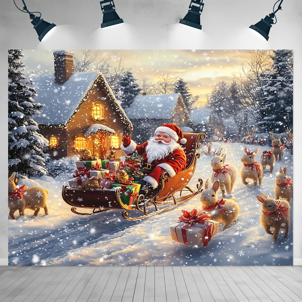 tapestry1pc, Merry Christmas Decorative Banner,  Santa Claus and Reindeer Sleigh Background, 100% Polyester