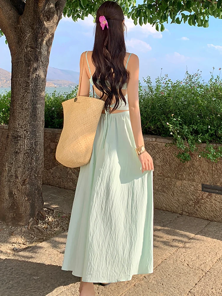 Summer Green Hollow Out Sexy Sling Long Dress Fashion Elegant Chic Women Dresses Promotion 2024 Korean Bodycon Party Night Dress