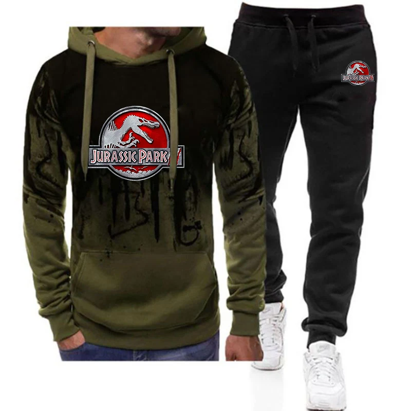 2024 Spring Autumn Men's Jurassic Park Logo Printing Popular Gradient Color Hooded Tracksuit+Casual Sports Jogging Trousers Sets