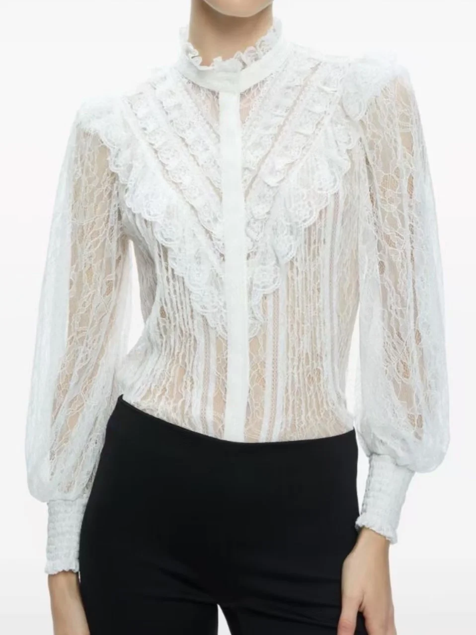 Lace Embroidery Ladies White Shirt Ruffled Collar Long Sleeve Elegant Blouse Top