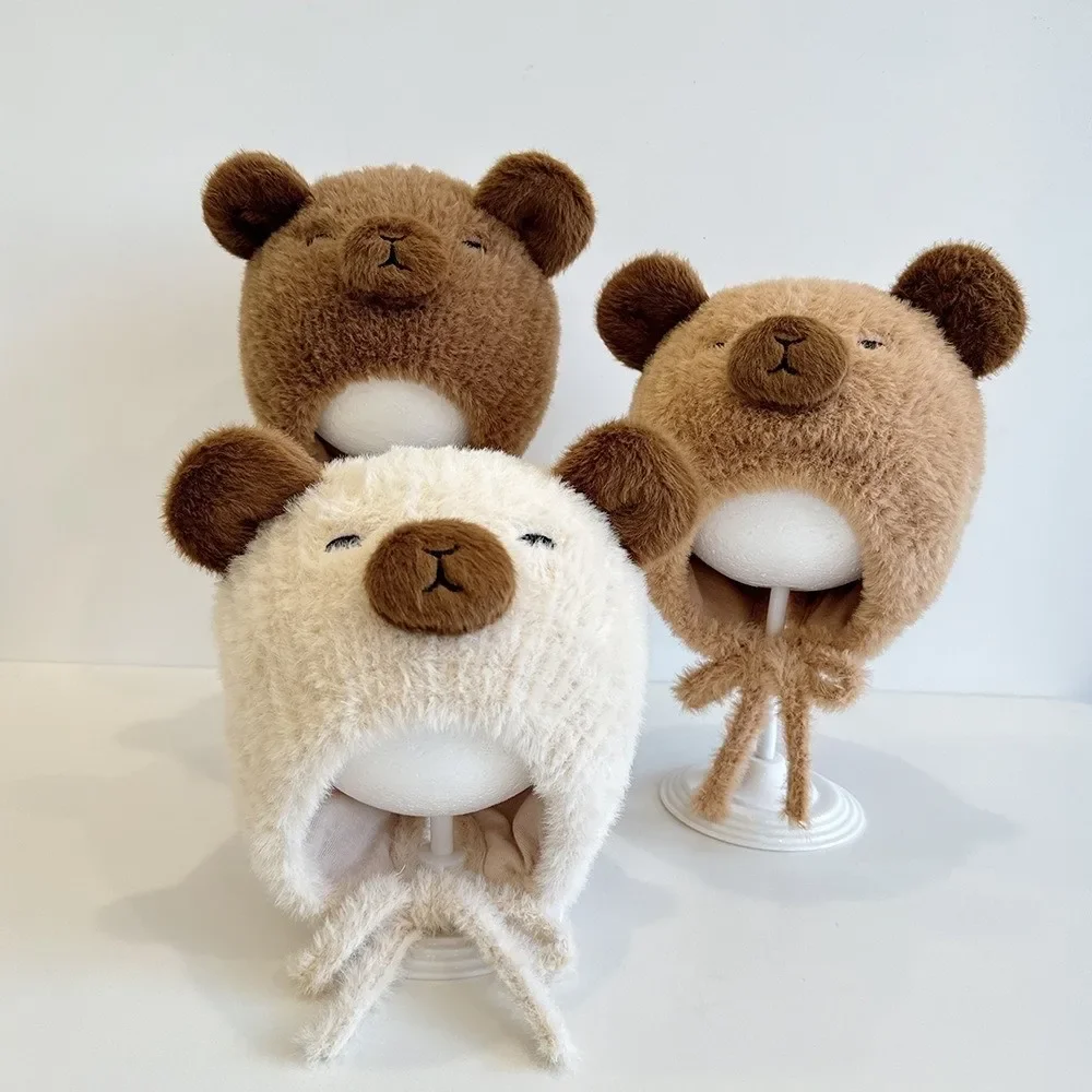 

Модная милая мультяшная шапка с капибарой, капот с двойным помпоном, теплый пуловер, шапка, ветрозащитная, морозостойкая, защитная шапка для ушей, зимняя