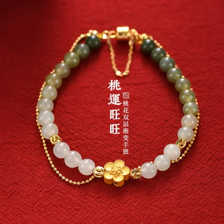 

free shipping Hetian Jade Peach Blossom 925 women girl silver bracelet female Chinese style design fresh flower jewelry bangle