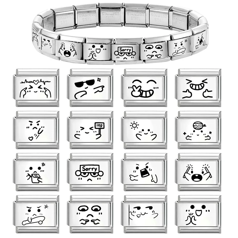 Wholesale Fashion Laser Engraving Cute Emoticon Sorry Italian Charm Links Fit 9mm Stainless Steel Bracelet DIY Making Gifts
