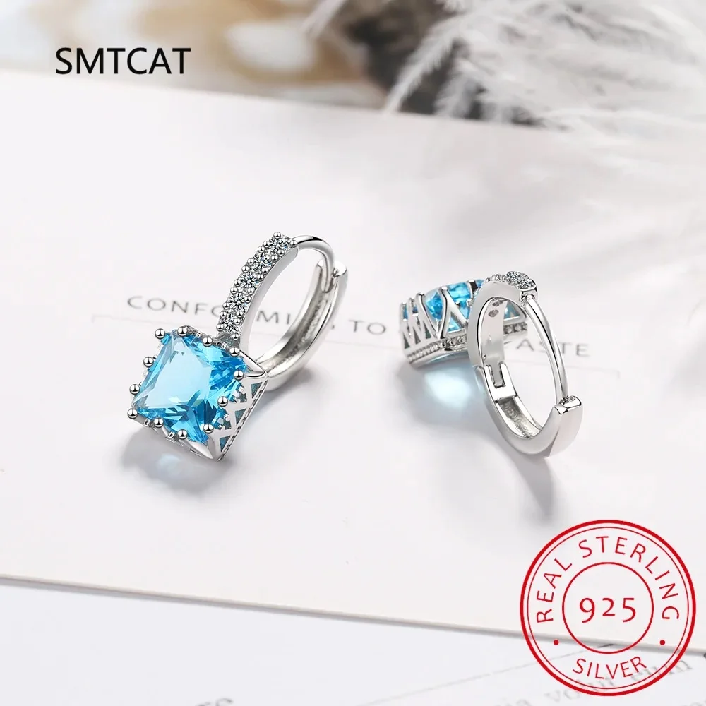 1.4ct Princess Cut Sky Blue Topaz 925 Sterling Silver Hoop Earrings for Woman Fashion Wedding Anniversary Gift