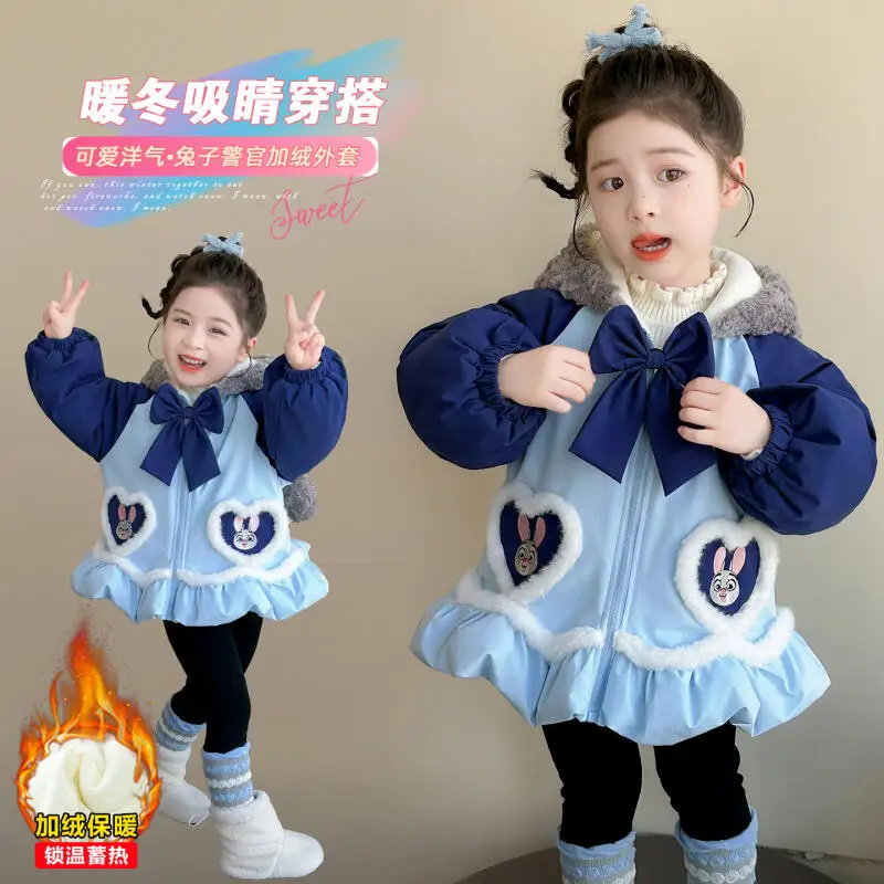

Новая зимняя модная плюшевая толстая куртка для девочек с капюшоном, милым мультяшным принтом и бантом, хлопковая одежда