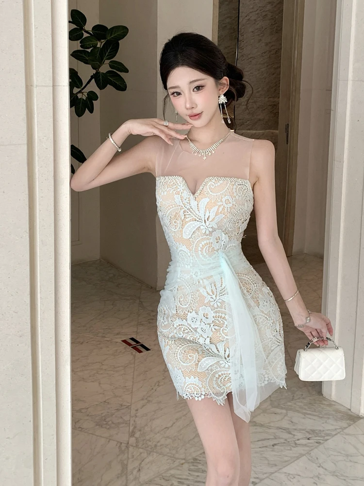 Elegant Heavy Embroidery Water Soluble Lace Mesh Dress Sexy Shoulder Bared Slimming Short Skirt High Waist Summer Casual H-Shape