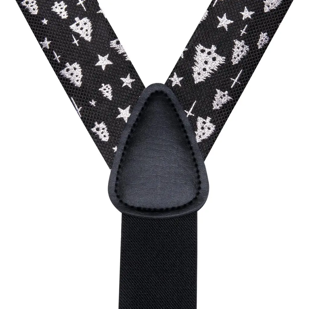 Suspender de seda preto branco de árvore de Natal para homens, laço de Natal, couro metal, chaves 6 clipes, moda