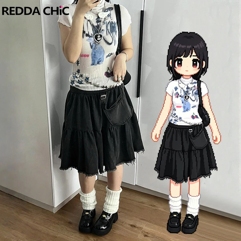 

Джинсовая юбка ReddaChic Acubi Fashion для женщин, винтажная, с эффектом потертости, с низкой посадкой, А-силуэт, длинная, в стиле карго, Rokku Gyaru, на каждый день