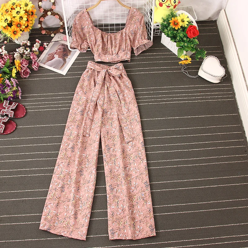 French Square Neck Short Sleeve Floral Printed Short Crop Top Women 2021 Summer Wide Leg Pants 2pcs Set Sexy Causal Holiday Set