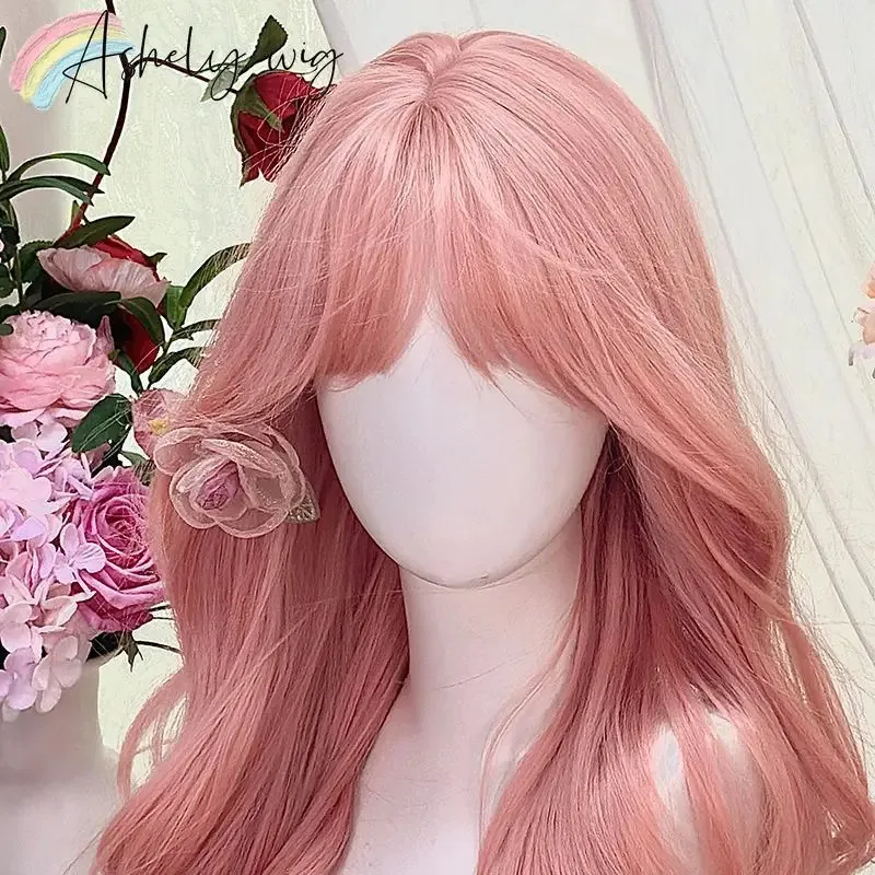 Попельно-розовый парик Лолиты с челкой, длинный волнистый парик для женщин, милые высокотемпературные волокна, повязка на голову, синтетические парики, косплей Wi