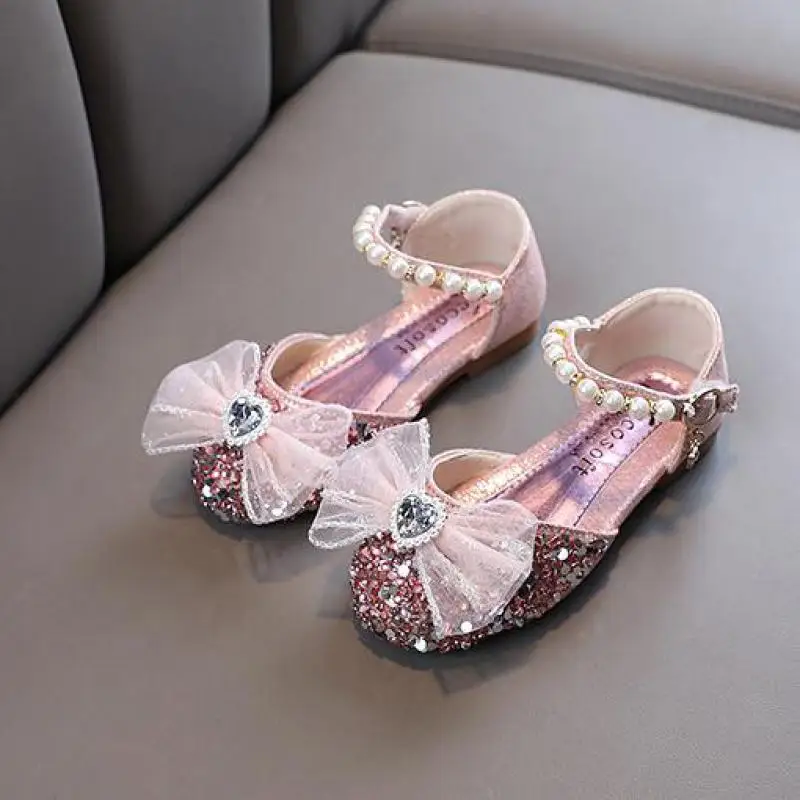 AINYFU Girls Sequined Princess Sandals Children's Lace Bow Leather Sandals Fashion Kids Pearl Rhinestones Single Shoes H793