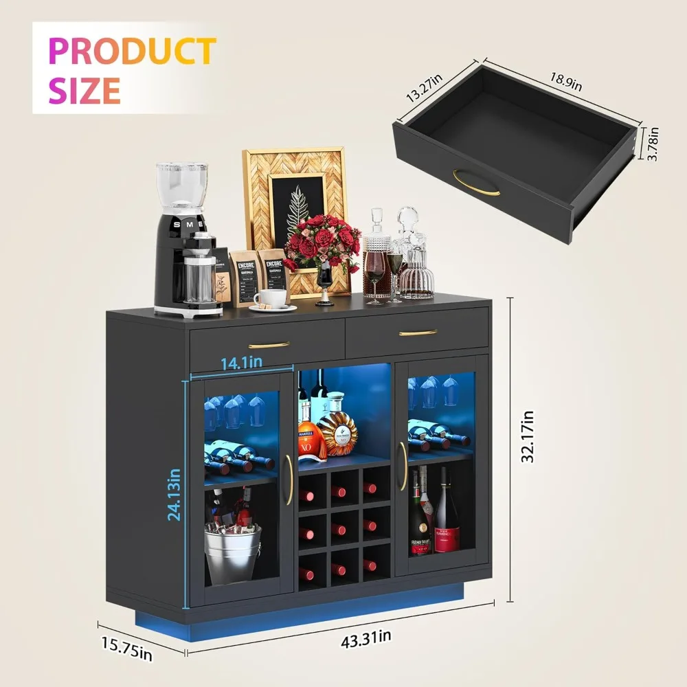 Armário elegante para bar de vinho com luzes LED e cafeteira - Buffet de licor preto e cozinha