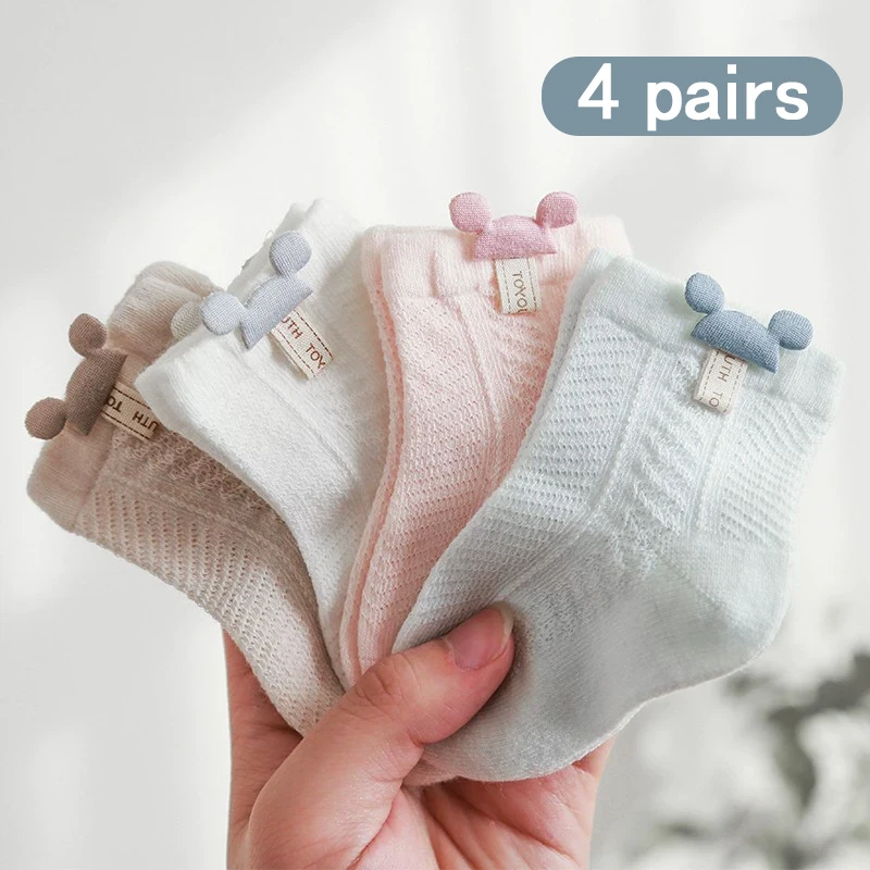 4 pasang bayi ultra-tipis musim panas, bernapas, menyerap keringat, desain kaus kaki jaring tabung pendek. Bayi tanpa tulang dan menggemaskan