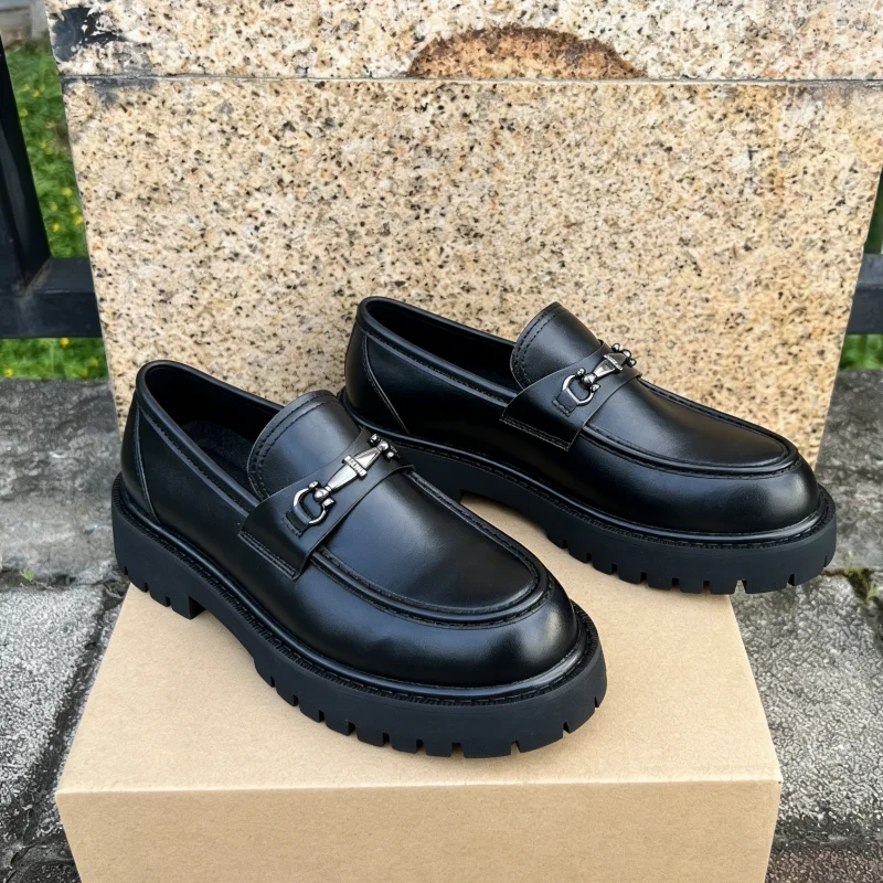 Thick Heel Platform Leather Shoes Designer Metal Decoration All Match Runway Casual Single Shoes Large Size Men's Loafers Shoes