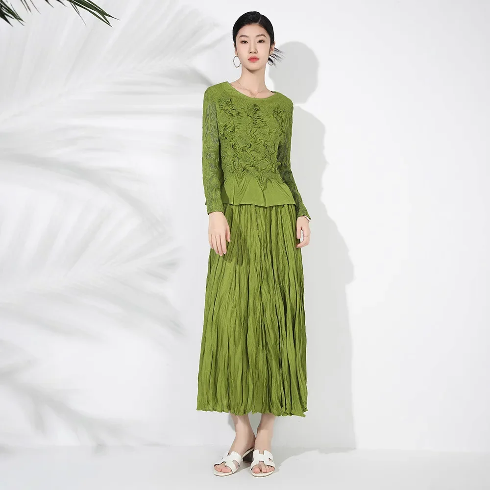 Miyake Pleated Fashion Skirt Suit Women's 2024 New Solid Color Embroidered Long-sleeved Top Handmade Pleated Skirt Two-piece Set