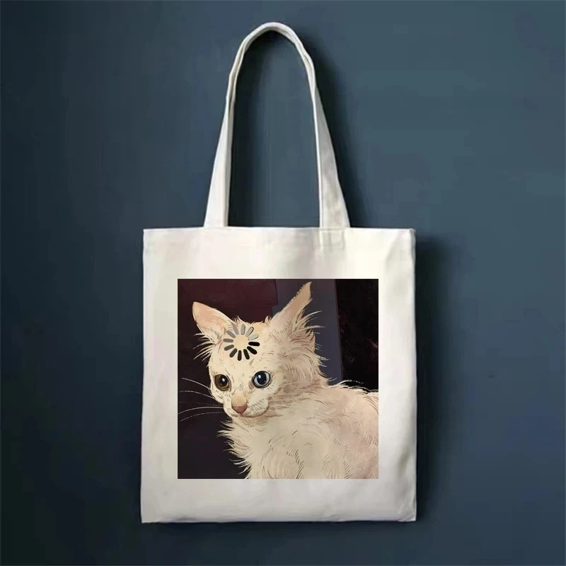 

Cat Thinking Shoulder Bag Downtime Cat Emoji Bag Shoulder Bag Women's Daily Shopping Bag Portable Foldable Tote Bag